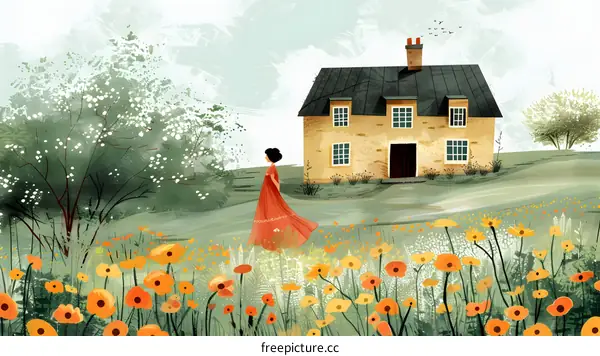 girl in red dress walking in a field of flowers
