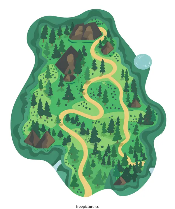 Cartoon Illustration Of A Winding Path Through A Lush Green Forest