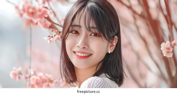 Smiling Woman in Pink Blossoms