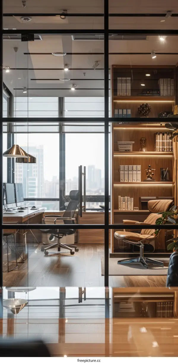 Modern Office Interior with Glass Walls and Wooden Furniture