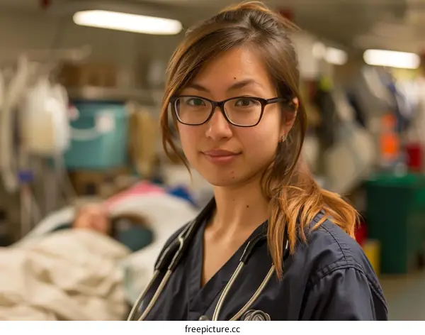 Portrait of a young female doctor or nurse wearing glasses and a stethoscope