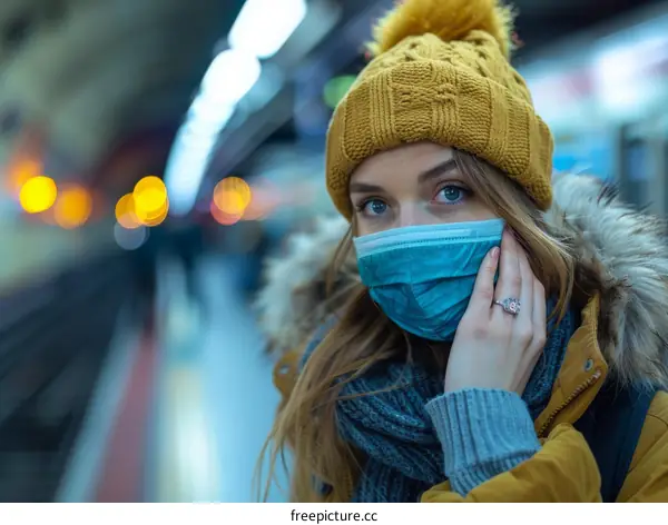 A young woman wearing a protective face mask during the COVID-19 pandemic