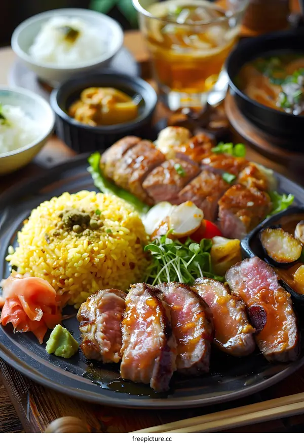 Japanese Cuisine with Grilled Meat, Rice and Vegetables on a Plate