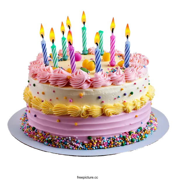 [Transparent Background PNG]Birthday Cake with Colorful Candles and Frosting