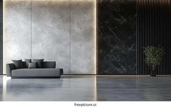 Modern Minimalist Interior Design with Gray Concrete and Black Marble Walls
