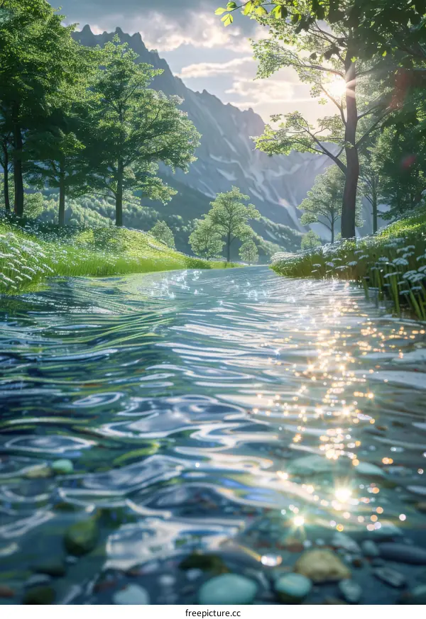 Sunlight Glistens on River through Forest