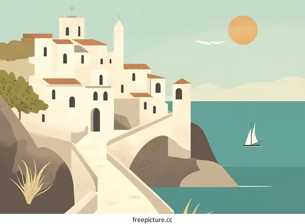 Mediterranean Village Illustration With Bridge
