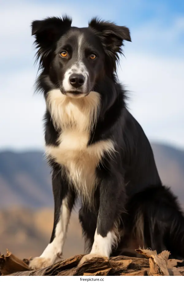 A Border Collie sits on a rock in the mountains