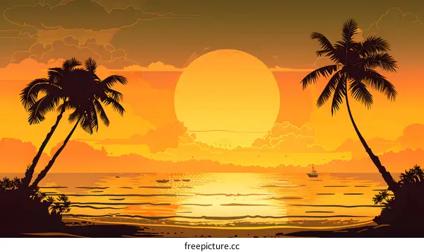 Silhouettes of Palm Trees at Sunset Over the Ocean