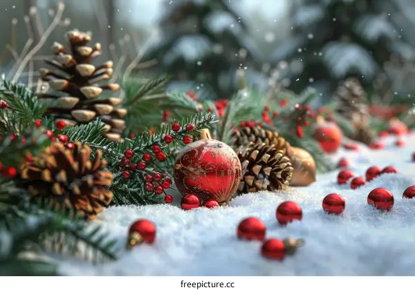 Red and Gold Christmas Ornaments on Snowy Ground