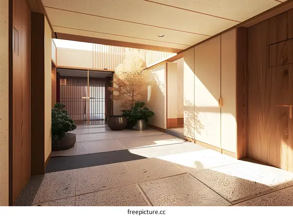 Japanese Style Home Interior Design With Wooden Doors And Plants