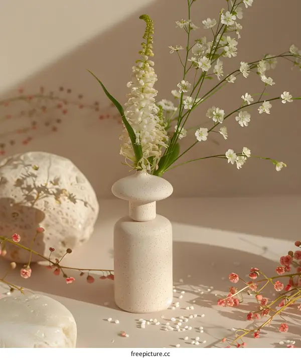 White Flowers in Ceramic Vase with Decorative Stones