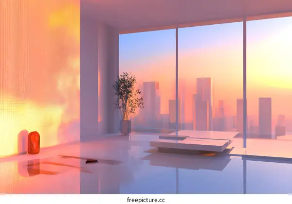 Minimalist Room With A View Of City Skyline At Sunset