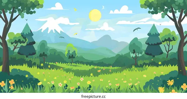Green Grass Meadow with Mountains and Trees
