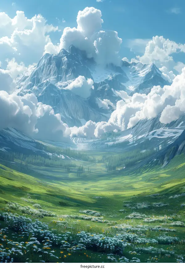 Mesmerizing Mountain Landscape with Snow-Capped Peaks, Verdant Hills, and Valley of Wildflowers
