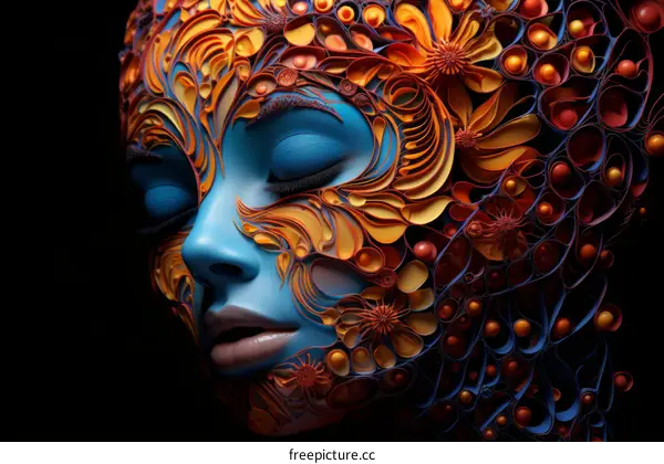 A Woman's Face with a Floral Headdress in 3D