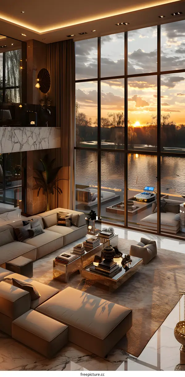 Luxury living room with sunset view