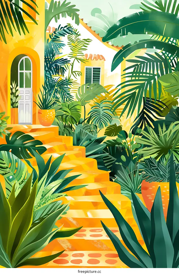 Yellow Stairs in a Tropical Garden