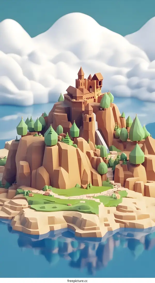 Low Poly 3D Castle Illustration on Mountaintop with Clouds and Waterfall