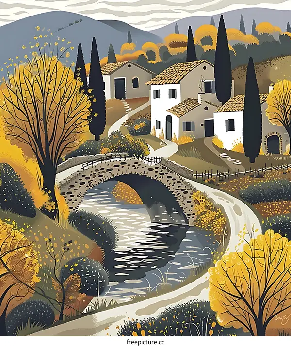 Autumn Landscape with Stone Bridge and Houses