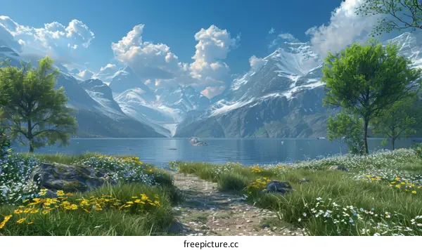 Serene Mountain Lake with Path and Flowers