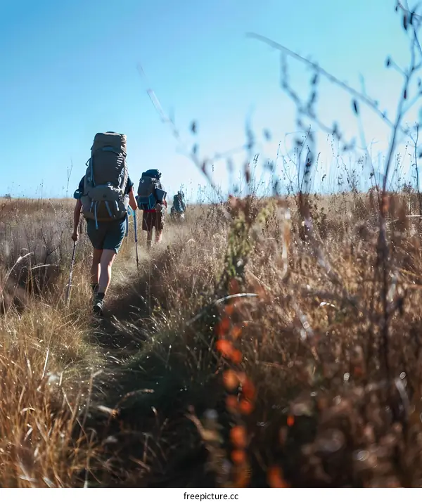 Group of People Hiking in Grassy Field With Backpacks