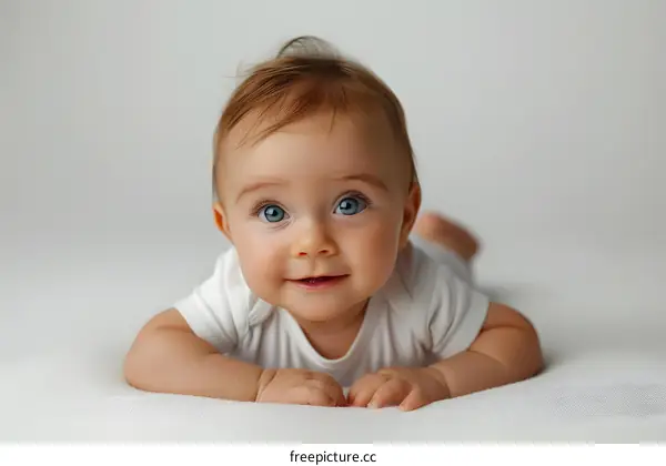 Cute Baby With Blue Eyes Lying On Its Stomach And Smiling At The Camera