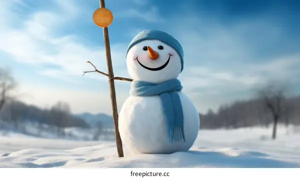 A happy snowman with a blue hat and scarf