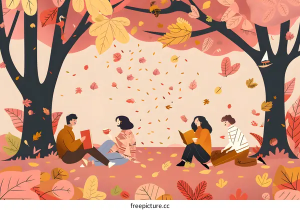 Friends Reading and Drinking Together in Autumn Park
