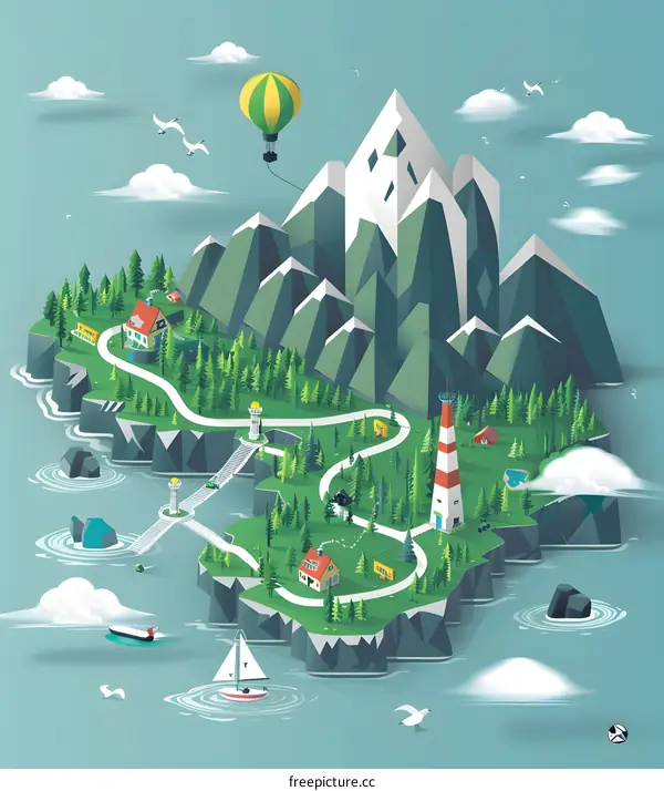Isometric Illustration of a Mountain Island