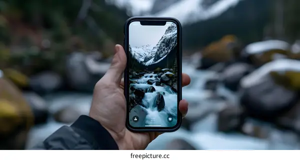 Hand Holding Smartphone Showing Mountain Stream