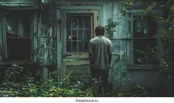 Man standing in front of a dilapidated house