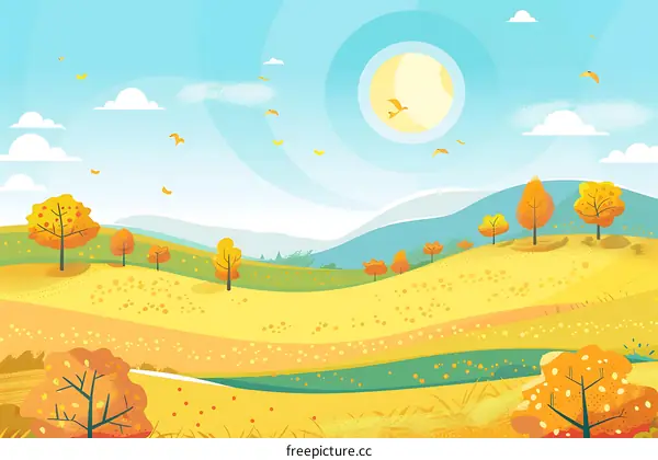 Autumn Landscape Illustration with Yellow Trees and Blue Sky