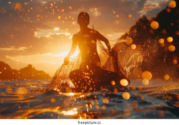 shirtless man in water holding fishing net at sunset