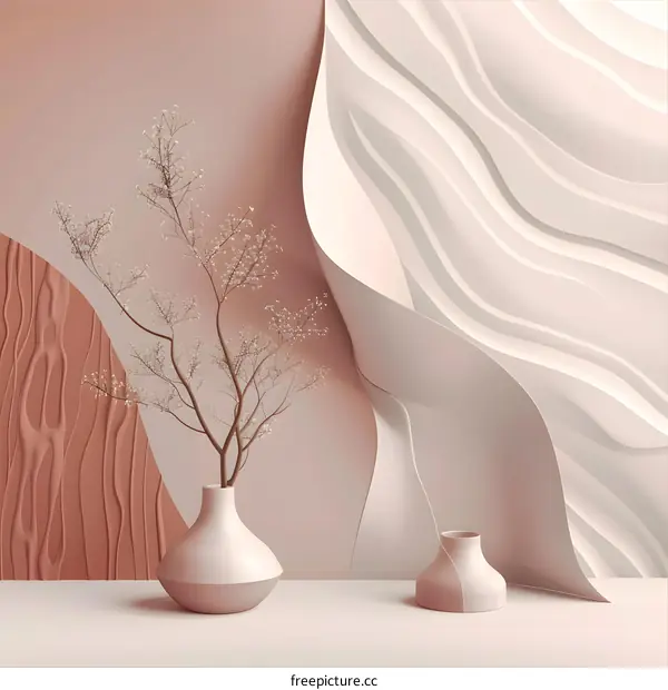 Abstract Minimalist Interior Design with Dried Flowers and Wavy Walls