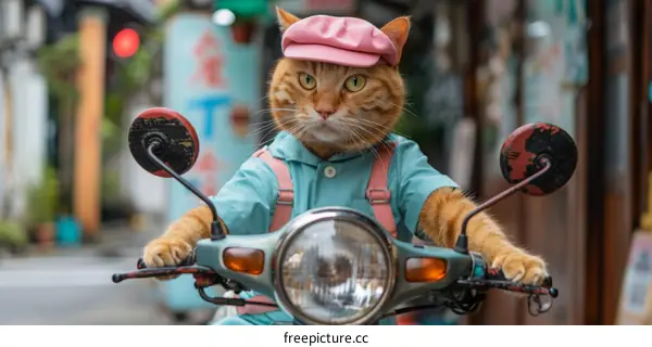 Cat in a pink hat and blue shirt riding a motorcycle