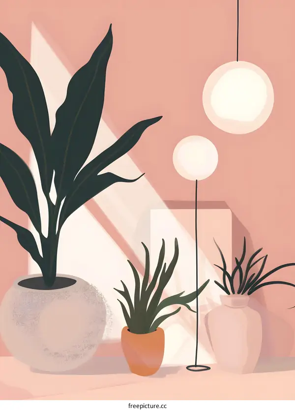 Minimalist Illustration with Pink Background and Indoor Plants