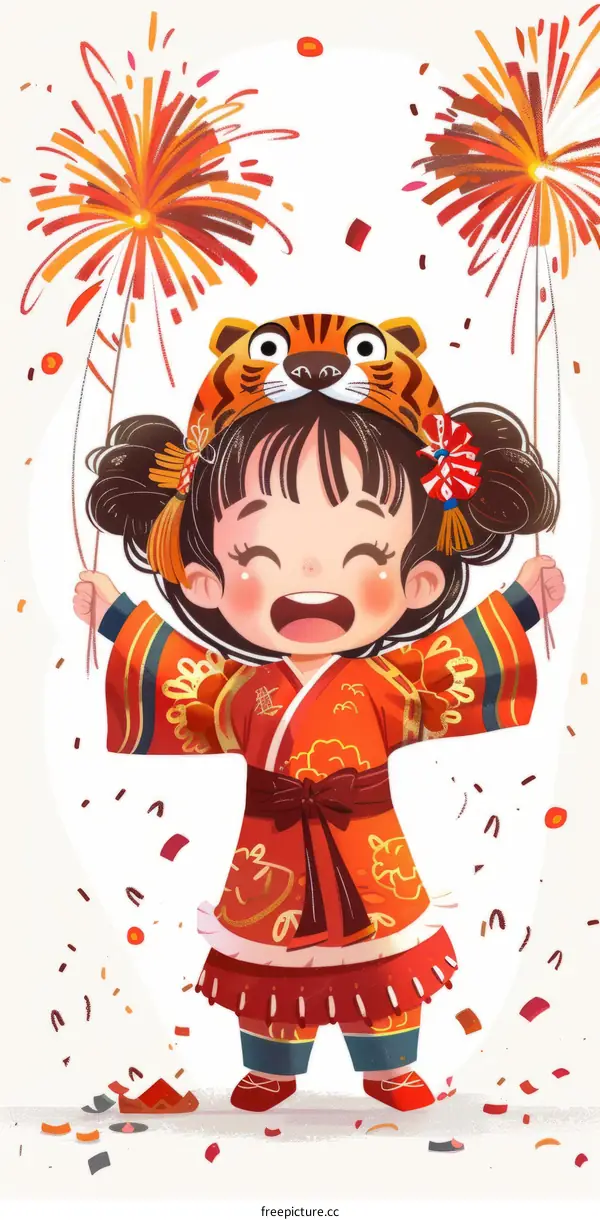 A cute girl in a tiger hat is celebrating the Chinese New Year.