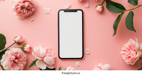 Pink Flowers and Smartphone Mockup on Pink Background