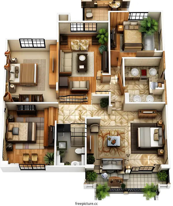 The floor plan of a three-story modern house, showing the internal structure and layout of the house, including bedrooms, living room, kitchen, dining room, stairs and balcony.
