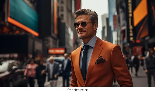 A man in an orange suit and sunglasses is walking down a busy street
