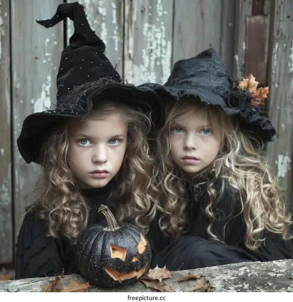 Two little witches are sitting on a wooden porch.