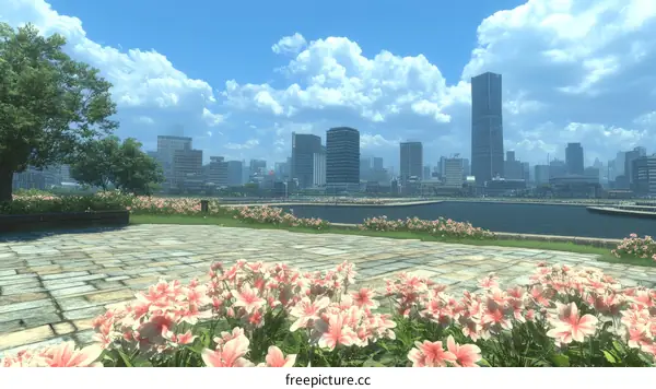 City Park View with Flowers and Skyscrapers