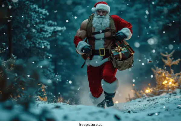 Muscular Santa Claus running through a snowy forest