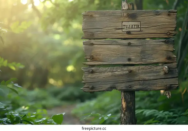 Wooden sign in the woods with a beautiful blurred background