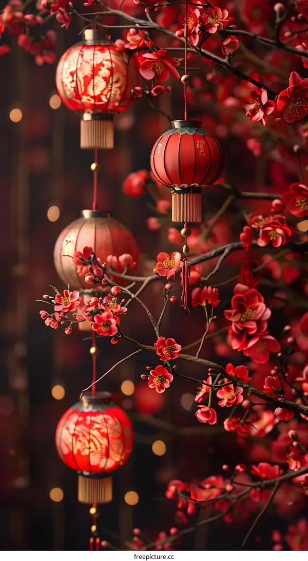 Chinese new year red lantern and pink peach blossom