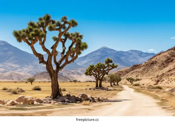 A dirt road winds through a Joshua tree forest