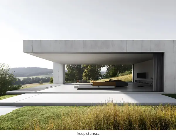Modern Minimalist Concrete House with Patio and Green Grass
