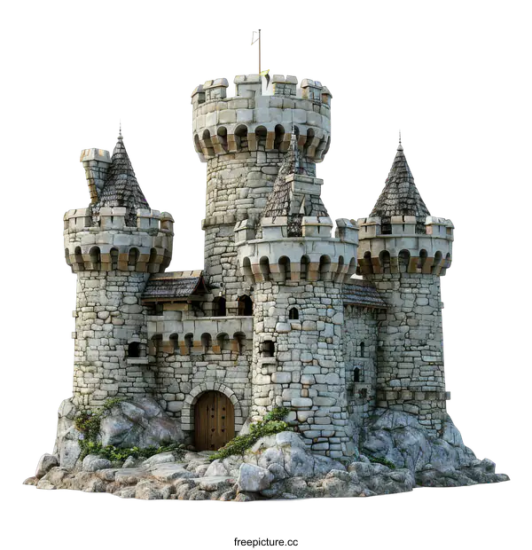 [Transparent Background PNG]Medieval Stone Castle on a Rocky Outcrop