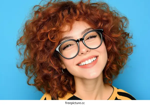 Smiling Woman with Curly Hair and Glasses Portrait